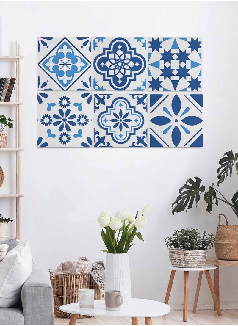LOWHA Set Of 6 Framed Square Canvas Wall Arts Stretched Over Wooden Frame, Portuguese Azulejo Style Painting, For Home, Living Room, Office Decor  - Image 4