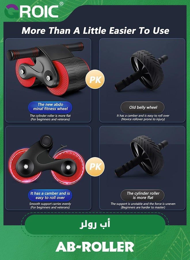 GROIC بكرة بطن، عجلة بطن مرتدة أوتوماتيكية، معدات تمرين بكرة بطن مع حصيرة للركبة، معدات تمرين أساسية منزلية ذات بكرة بطن دائرية مزدوجة، تمارين لياقة بطن لصالة الألعاب الرياضية المنزلية - Image 4