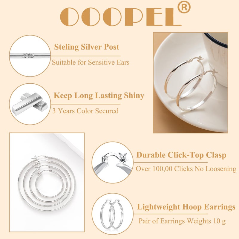 OOOPEL 3mm Wide Large Silver Hoop Earrings for Women Hypoallergenic Sterling Silver Post Wide Earrings Hoops Lightweight Big Hoop Earrings for Women - Image 3
