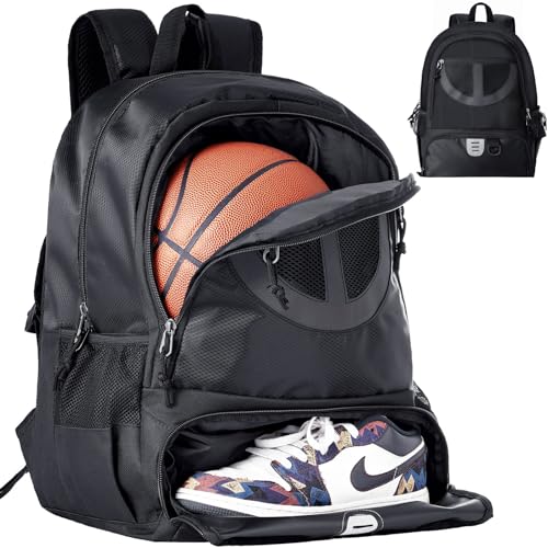 TRAILKICKER Basketball Bag Backpack for Men Women with Ball & Shoes Compartment 30L Capacity Lightweight Breathable Boys Girls Soccer Ball Bag Backpack Fit Volleyball Football Sports Travel School Gym Black - Image 1