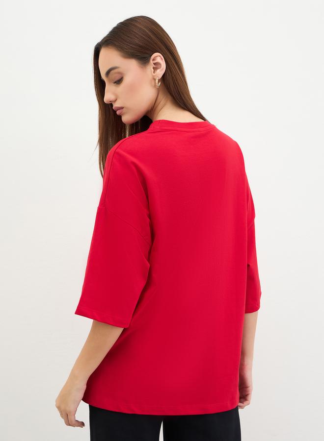 Styli Red Embroidered Oversized T-Shirt - Image 4