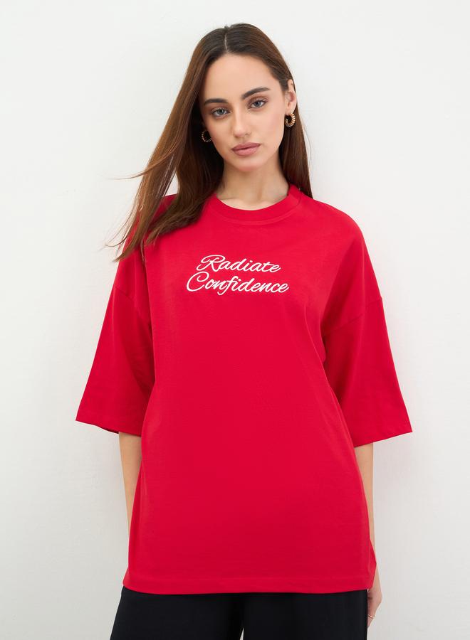 Styli Red Embroidered Oversized T-Shirt - Image 1