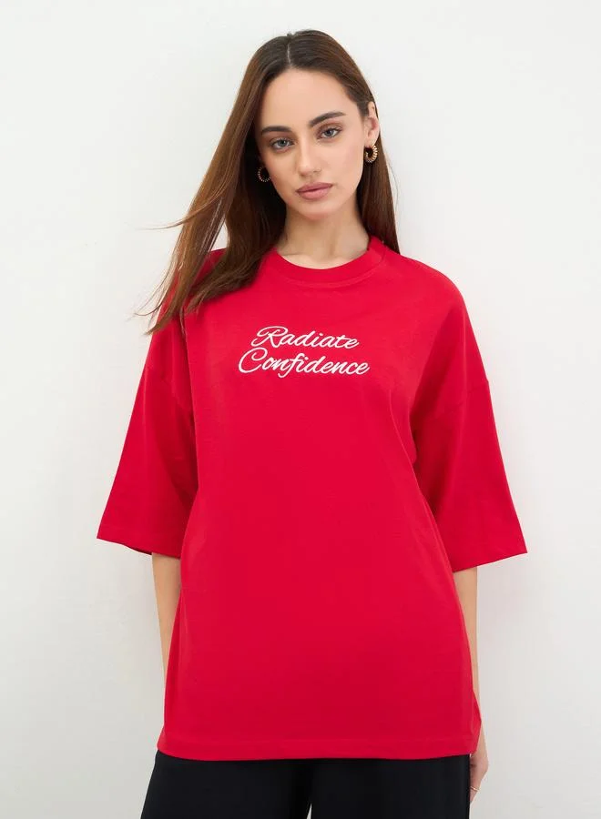 Red Embroidered Oversized T-Shirt