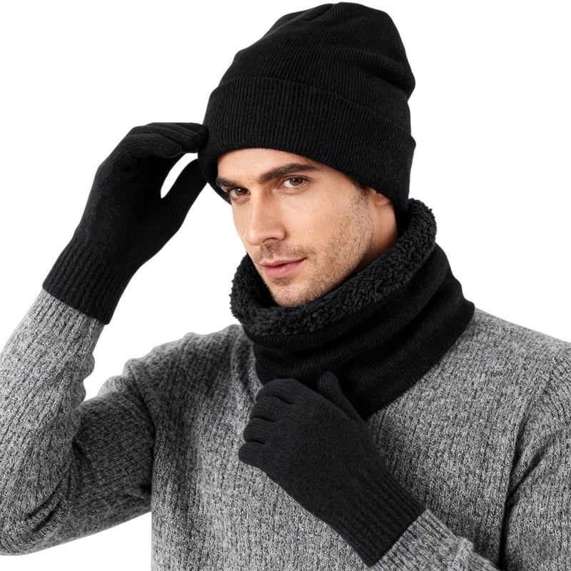 Connectyle Winter Hat Scarf and Touchscreen Gloves Set for Men Women Fleece Lined Knit Beanie Neck Warmer Loop Scarf Black - Image 1