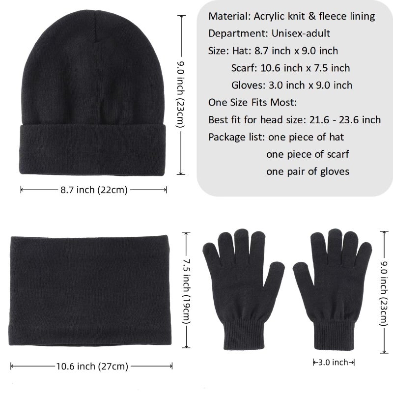 Connectyle Winter Hat Scarf and Touchscreen Gloves Set for Men Women Fleece Lined Knit Beanie Neck Warmer Loop Scarf Black - Image 2