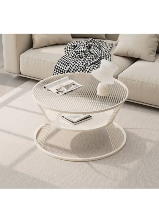 Generic Nordic Light Luxury Style Round Coffee Table, Double-Layer Open Storage Cabinet, Glass Top Metal Frame, Bedroom and Living Room Coffee Table, Tea Table, End Table, Sofa Side Table, Diameter 60cm  - Image 1
