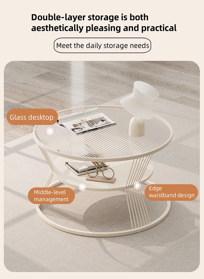Generic Nordic Light Luxury Style Round Coffee Table, Double-Layer Open Storage Cabinet, Glass Top Metal Frame, Bedroom and Living Room Coffee Table, Tea Table, End Table, Sofa Side Table, Diameter 60cm  - Image 4