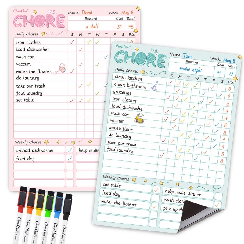 Clever Clean Magnetic Dry Erase Chore Chart - 8.5"x12" Behavior Responsibility Chore Board for Kids, Teenagers - 6 Extra Fine Point Markers Included - Shipped Flat 2 Pcs Blue & Pink - Image 1