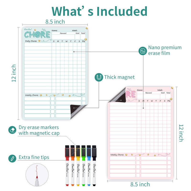 Clever Clean Magnetic Dry Erase Chore Chart - 8.5"x12" Behavior Responsibility Chore Board for Kids, Teenagers - 6 Extra Fine Point Markers Included - Shipped Flat 2 Pcs Blue & Pink - Image 2