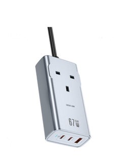 مقبس كهرباء GaN Premium AC Socket 67W مع 2 منفذ USB-C ومنفذ QC3.0 / مركز شحن / 2 منفذ Type-C / قابس بريطاني / شاحن متعدد المنافذ / شاحن سريع - رمادي