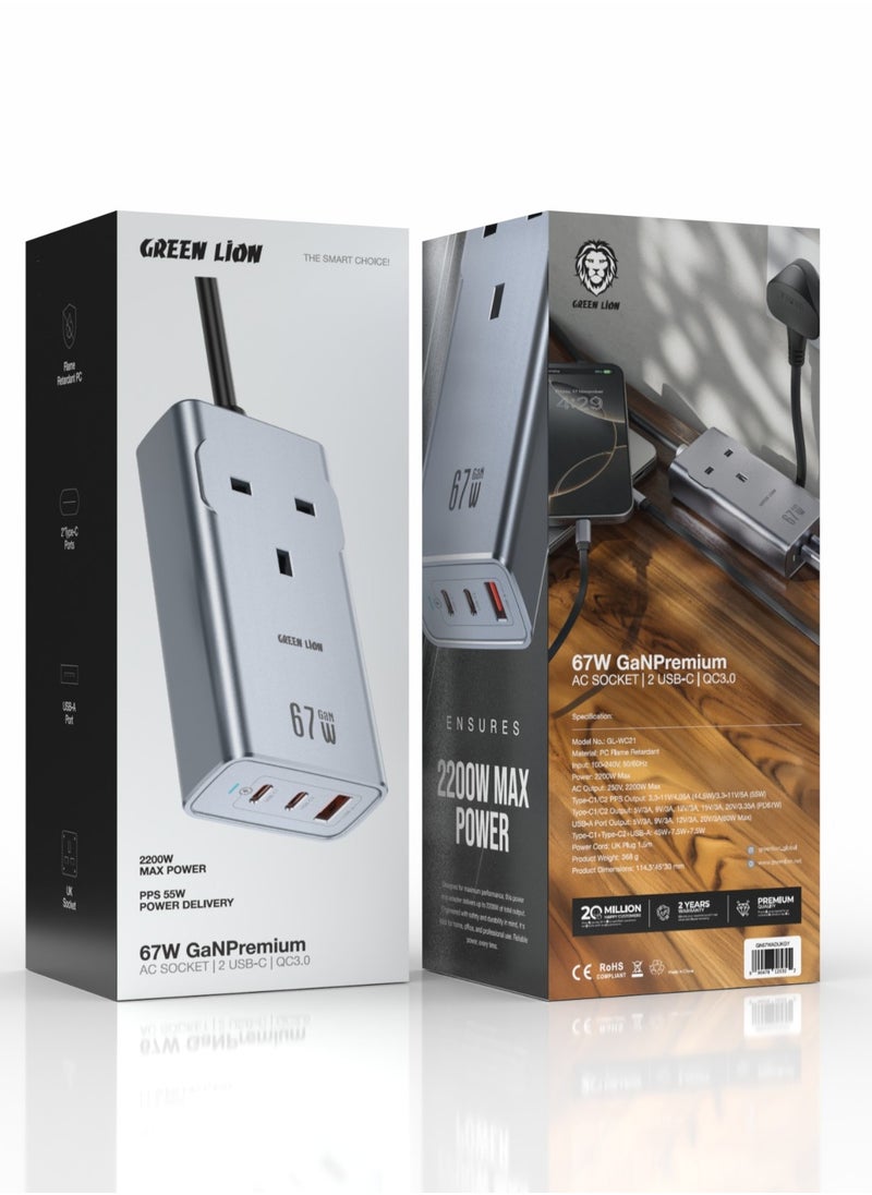 جرين ليون - مقبس كهرباء GaN Premium AC Socket 67W مع 2 منفذ USB-C ومنفذ QC3.0 / مركز شحن / 2 منفذ Type-C / قابس بريطاني / شاحن متعدد المنافذ / شاحن سريع - رمادي - Image 1