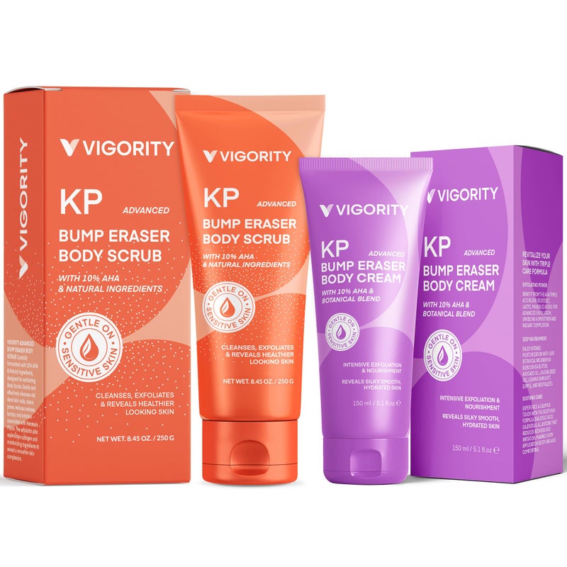VIGORITY KP Bump Eraser Body Scrub & Keratosis Pilaris Lotion Bundle Set â€“ Strawberry Legs Treatment for Women - Exfoliates & Deeply Hydrates for Smoother Healthy-Looking Skin - Image 1