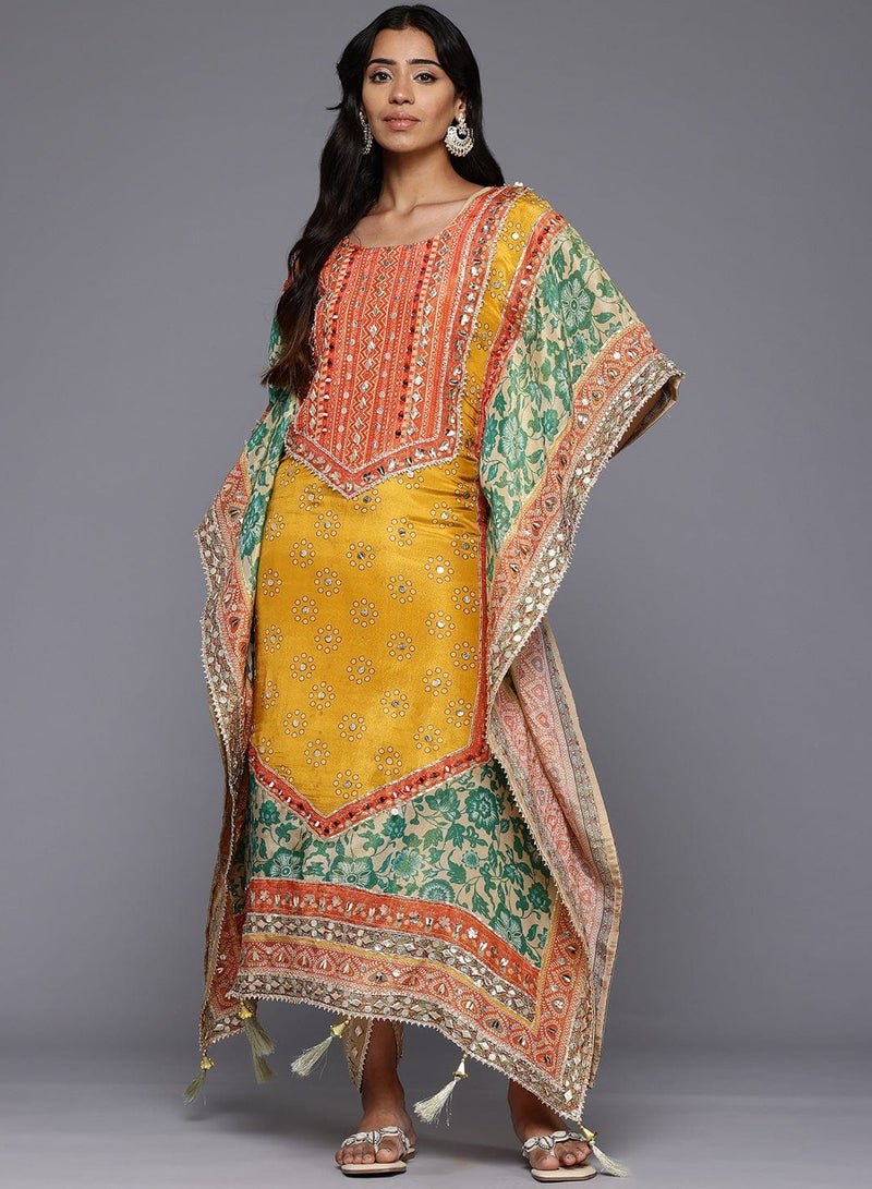 PRASHA Women Mustard- Multi Colored Pure Silk Gotta And Mirror Embroidered Kaftan With Dhoti Pants - Image 1