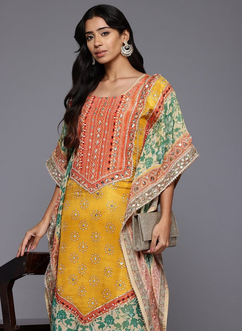 PRASHA Women Mustard- Multi Colored Pure Silk Gotta And Mirror Embroidered Kaftan With Dhoti Pants - Image 2