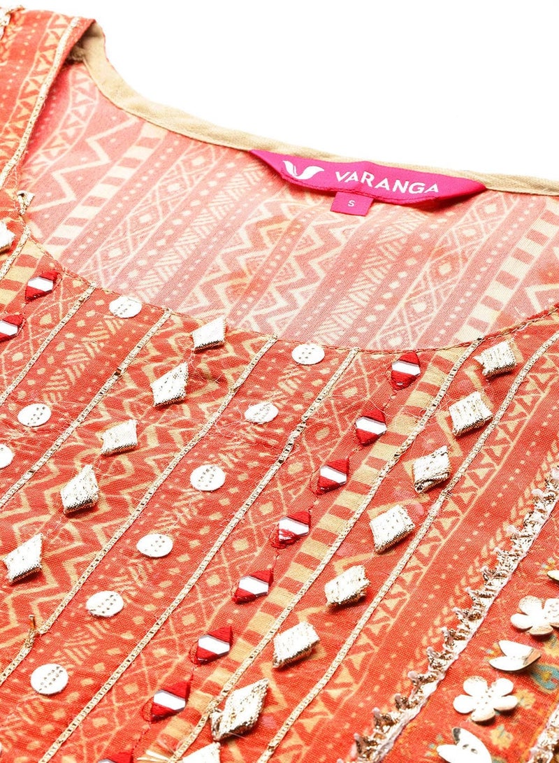 PRASHA Women Mustard- Multi Colored Pure Silk Gotta And Mirror Embroidered Kaftan With Dhoti Pants - Image 3