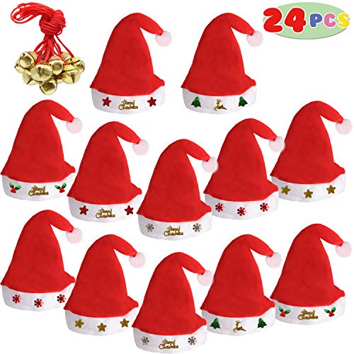 Kiddokids 12 Fancy Christmas Santa Hats with 12 Jingle Bell Necklaces Bulk for Christmas Party Favor Photo Booth One Size Fits All - Image 1