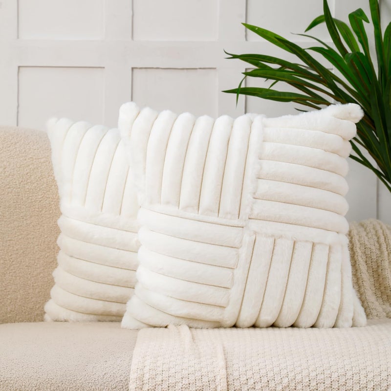 All Smiles Couch Decorative Spring Throw Pillow Covers 18x18 Set of 2 Faux Fur Plush Soft Fluffy Velvet Cushion Case Cozy Fuzzy Striped Pillowcase Home Decor for Bed Sofa Living Room,Cream White - Image 1