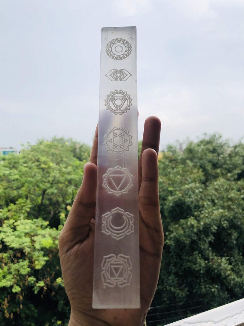 CRYSTALMIRACLE Selenite Large 7 INCHES Engraved Stick Crystal Healing Reiki FENG Shui Metaphysical Gemstone Gift Positive Energy Peace Meditation Wellness Handcrafted