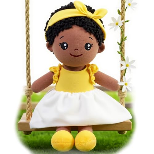 OUOZZZ 126 Soft Black Baby Doll Toys for 1 Year Old Girl Gifts African American Baby Dolls Birthday Gifts for 1 Year Old Girl Plush Toys Gift for Toddler Kids Yellow Bowtie - Image 1