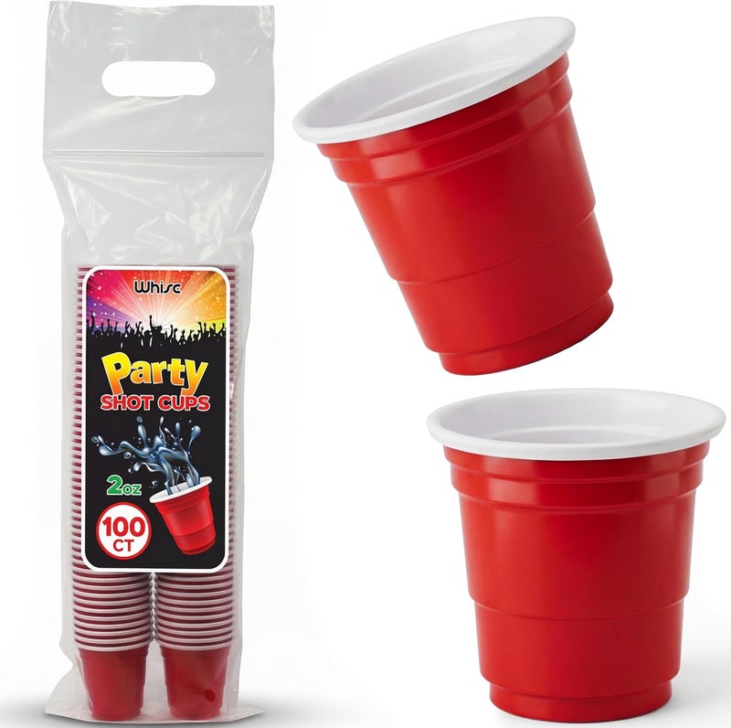 WHISC Disposable Shot Glasses [Pack of 100] - 2oz Red Plastic Shot Cups- Jello Shot Cups / Party Shot Glasses For Birthdays, Graduations, Bachelorette, BBQs & More- Mini Tasting Cups / Sample Cups - Image 1