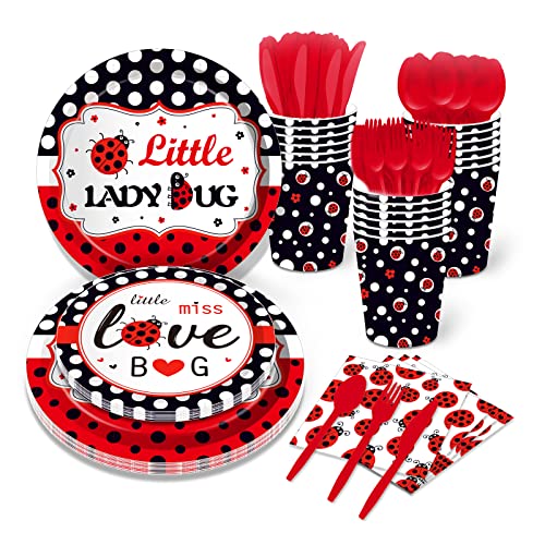 Lide Road 141 PCS Ladybug Fancy Birthday Party Supplies - Disposable Tableware Kit With Red and Black Polka Dot Plates, Cups, Napkins Sets - Serves 16 Guests - Image 1