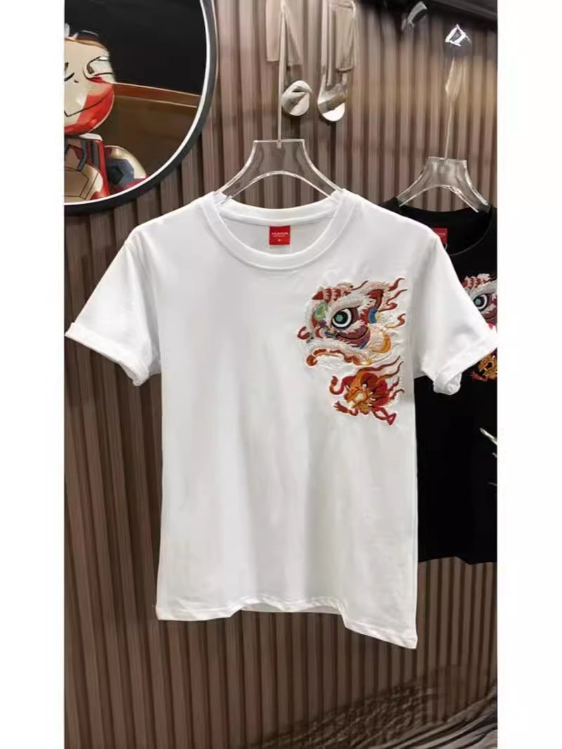 National Fashion Lion Embroidered Short-Sleeved T-Shirt Men'S Summer Heavy Shoulder T-Shirt Loose Chinese Style Round Neck Top - Image 1