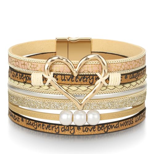 DESIMTION Inspirational Heart Leather Bracelets for Women, Birthday Christmas Boho Jewelry Gifts for Women, Mothers Day Gifts for Mom Grandma - Image 1