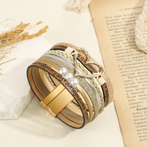 DESIMTION Inspirational Heart Leather Bracelets for Women, Birthday Christmas Boho Jewelry Gifts for Women, Mothers Day Gifts for Mom Grandma - Image 2