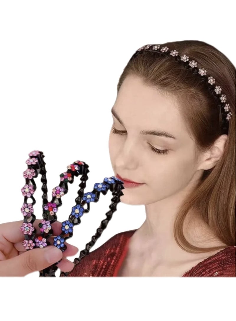 إسكدنيا عبوتان من عصابة الرأس الكريستالية باللونين الأزرق والوردي الأحمر، مشبك غرة ملتوية مزدوج الطبقة، تصميم جديلة مجوفة، مادة راتنج ABS، عصابة شعر مضادة للانزلاق، مناسبة لإكسسوارات شعر النساء والفتيات. - Image 1