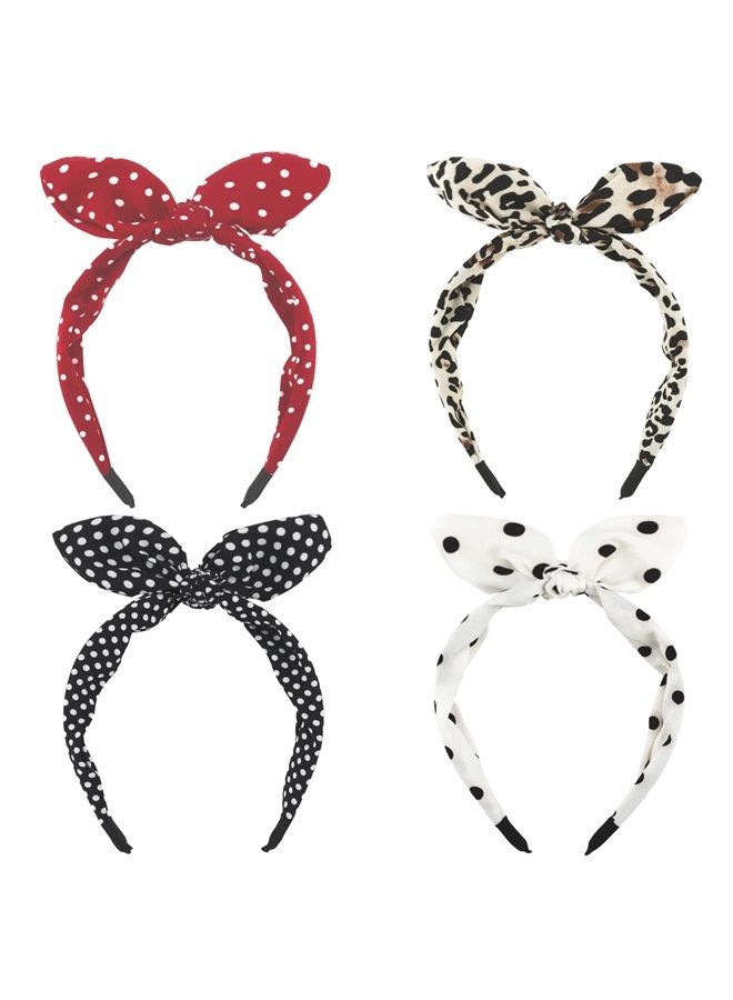 Wecoe 4 Pack Bow Headbands For Women Girls Cute Knotted Headband With Bow Red White Black Headband Comfortable Cloth Leopard Polka Dot Hair Bands Valentine's Day Hair Accessories For Women Girls Gift - Image 1