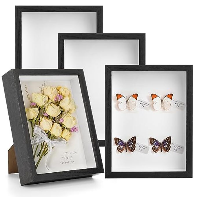 SET OF 4 SHADOW BOX PICTURE FRAME 8 X 6 INCHES WOOD FRAME MEMORY DISPLAY CASE 12 INCH DEPTH SHADOW BOXES FOR FLOWERS MEMORABILIA CRAFTS PHOTOS MEDALS AND TICKETS BLACK