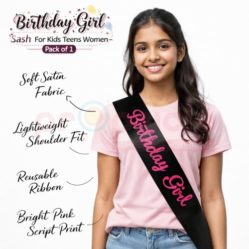 Propsicle Black Satin Birthday Girl Sash with Pink Script Text - Princess Theme Party Accessory for Kids, Teens & Women, Lightweight Shoulder Ribbon for Celebration Wear - Image 2