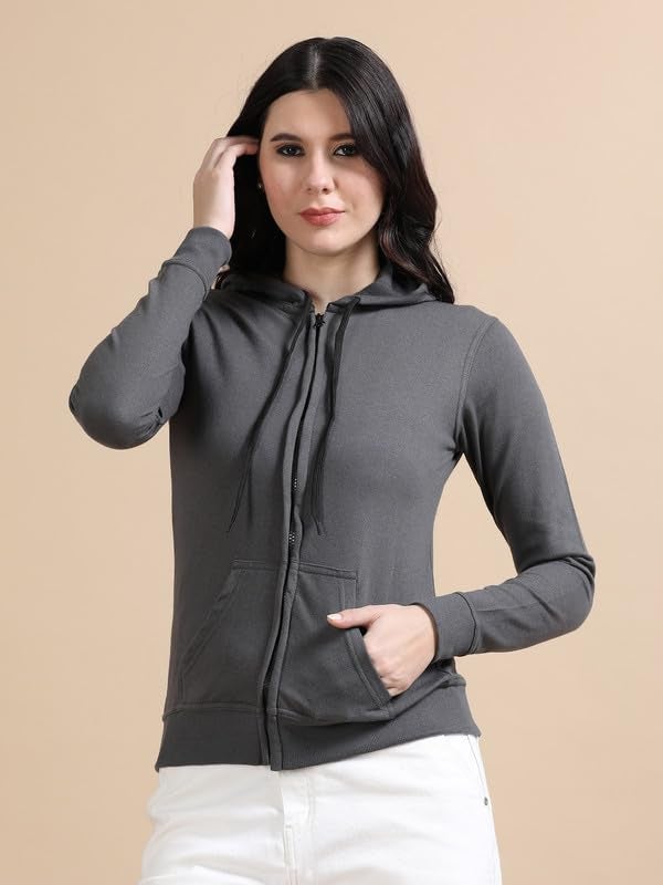 Wafaa Women's Cotton Plain Hooded Neck Full Zipper Steel Grey Color Regular Fit Sweatshirt Hoodies with Kangaroo Pocket XL Size - Image 4
