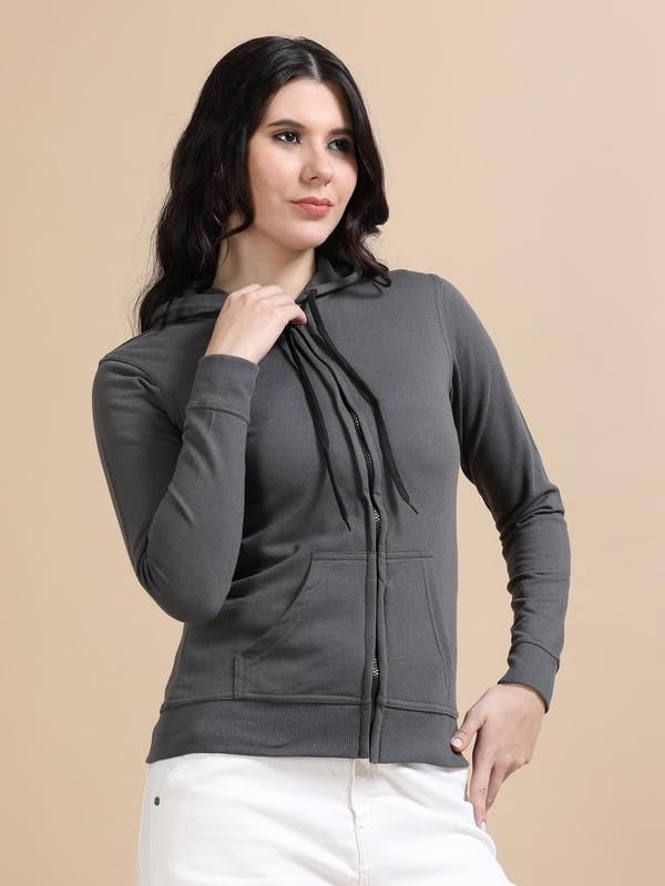 Wafaa Women's Cotton Plain Hooded Neck Full Zipper Steel Grey Color Regular Fit Sweatshirt Hoodies with Kangaroo Pocket XL Size - Image 5