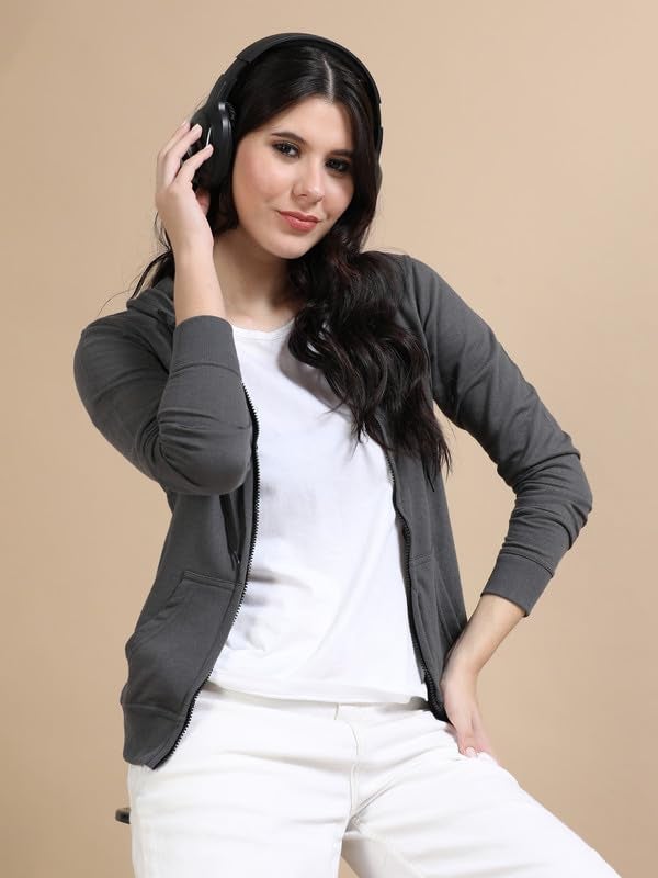 Wafaa Women's Cotton Plain Hooded Neck Full Zipper Steel Grey Color Regular Fit Sweatshirt Hoodies with Kangaroo Pocket XL Size - Image 3