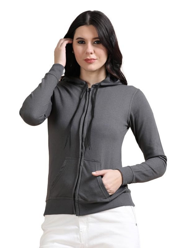 Wafaa Women's Cotton Plain Hooded Neck Full Zipper Steel Grey Color Regular Fit Sweatshirt Hoodies with Kangaroo Pocket XL Size - Image 1