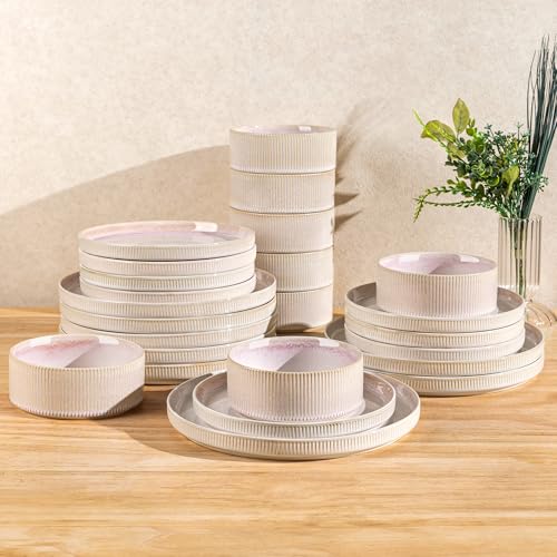 TheTerra Ceramic Dinnerware Sets for 8, 24 Pieces Porcelain Lightweight Plates and Bowls Sets, Scratch Resistant Dish Set, Oven & Microwave & Dishwasher Safe, Primrose Pink - Image 1