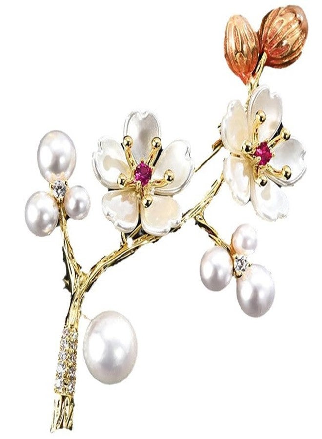 OIDIMS Delicate Cherry Brooch for Women Girls Fashion Pearl Shell Plum Blossom Lapel Pin Rhinestone for Party Prom Elegant Accessories Decorative Floral Dress Suit Wedding Valentine Mother's Day Birthday - Image 1