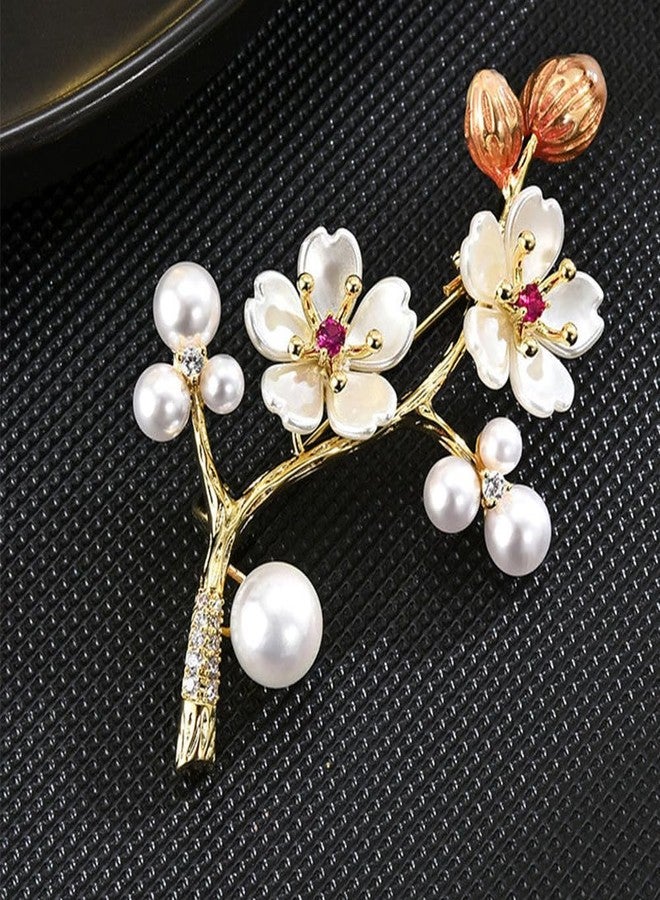 OIDIMS Delicate Cherry Brooch for Women Girls Fashion Pearl Shell Plum Blossom Lapel Pin Rhinestone for Party Prom Elegant Accessories Decorative Floral Dress Suit Wedding Valentine Mother's Day Birthday - Image 4