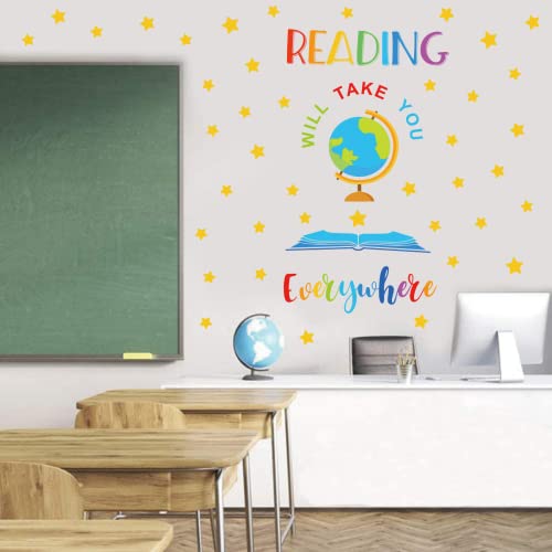 IARTTOP Reading Wall Decals for Classroom Decor，Colorful School Read Books Letters Wall Stickers，Inspiring Saying Reading Will Take You Everywhere Stars Globe Wall Art for School Library Decor - Image 1