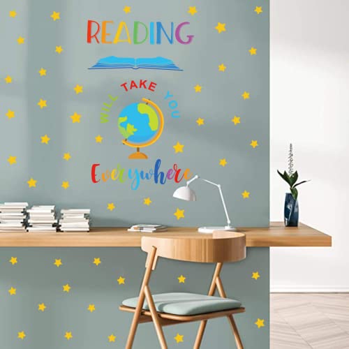 IARTTOP Reading Wall Decals for Classroom Decor，Colorful School Read Books Letters Wall Stickers，Inspiring Saying Reading Will Take You Everywhere Stars Globe Wall Art for School Library Decor - Image 3
