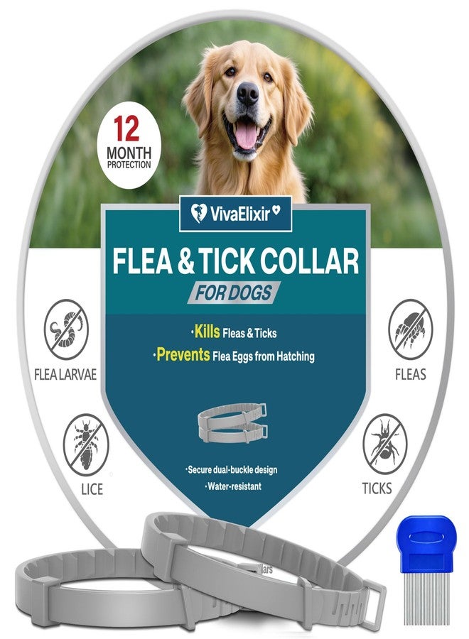VivaElixir Flea Collars for Dogs, Dog Flea & Tick Control Flea Collar 12 Months Protection, Waterproof Dog Flea Collar, Flea Prevention for Dogs with Comb and Prevention Treatment Drop, 2Pack - Image 1