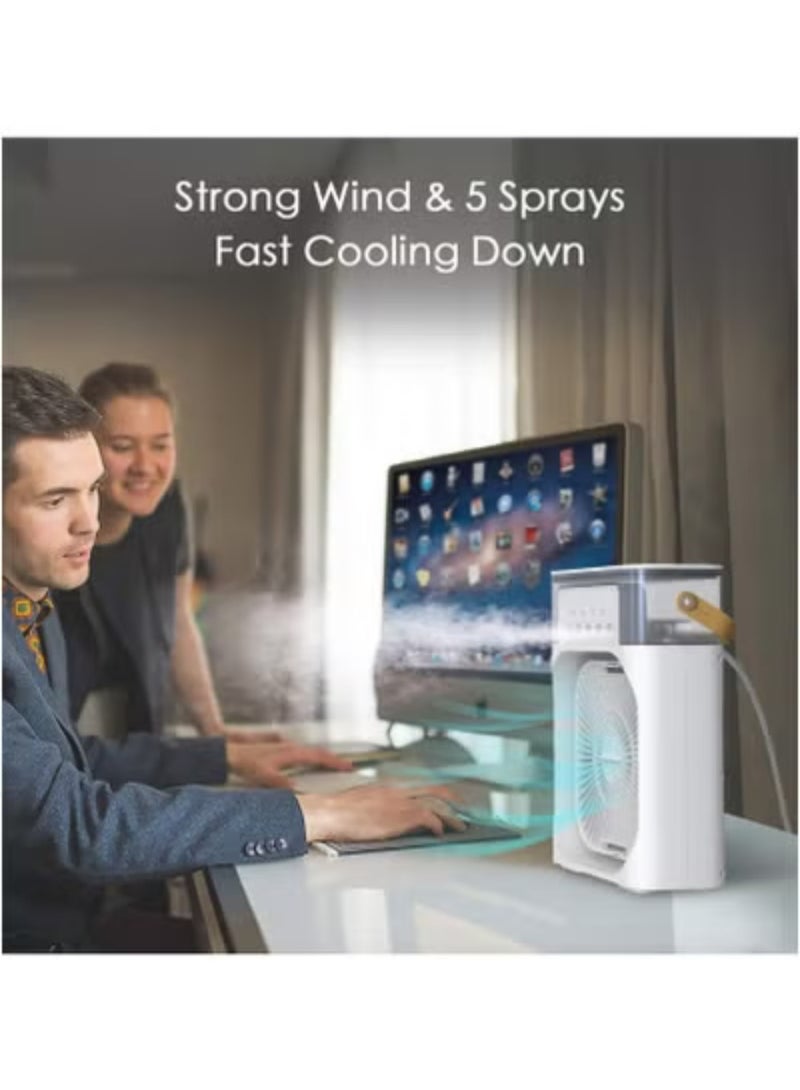سناجل مروحة تكييف هواء محمولة، مبرد هواء تبخيري صغير بثلاث سرعات للرياح، 5 أوضاع رش، إضاءة LED بـ 7 ألوان، مؤقت 1/2/3 ساعات، مروحة تبريد شخصية للمنزل والمكتب والسفر (أبيض) - Image 3