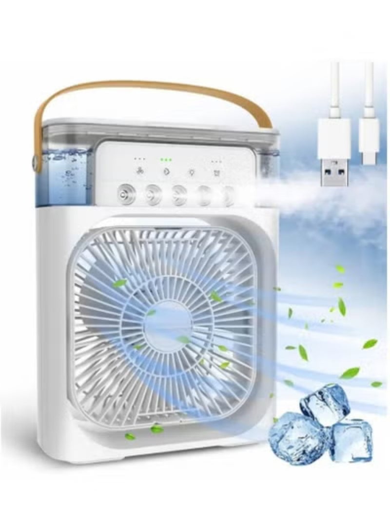سناجل مروحة تكييف هواء محمولة، مبرد هواء تبخيري صغير بثلاث سرعات للرياح، 5 أوضاع رش، إضاءة LED بـ 7 ألوان، مؤقت 1/2/3 ساعات، مروحة تبريد شخصية للمنزل والمكتب والسفر (أبيض) - Image 1
