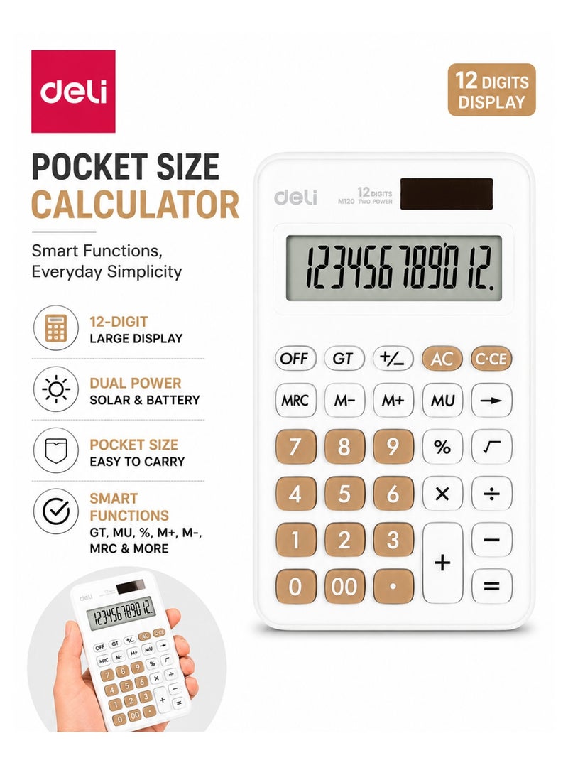 1-Piece Pocket Size Portable Calculator With 12 Digit Display White