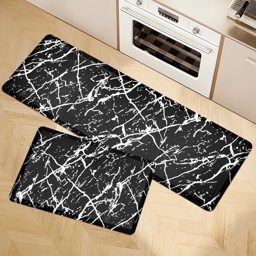 UKISS marbling Kitchen Rugs, Cushioned Kitchen Mats, Anti Fatigue Mat for Floor, Waterproof Kitchen Rug，Non-Slip Comfort Standing Mat for Kitchen&Office (Black, 17.3 x 28 inches+17.3 x 47inches) - Image 1