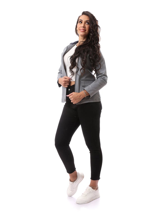 Andora - Polyester Tall Solid Buttoned Coat_Grey - Image 1