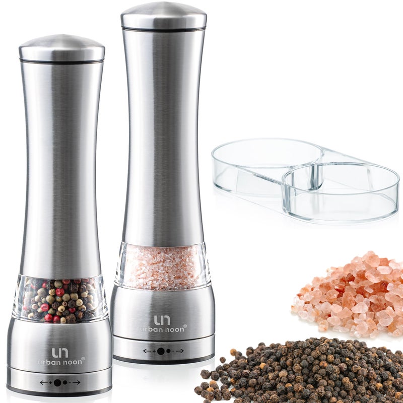Salt and Pepper Grinder Set  Large Capacity Stainless Steel Pepper Grinder and Salt Grinder with Tray in Luxurious GiftBox  Manual Mills with Ceramic Grinders and Adjustable Coarseness Set of 2