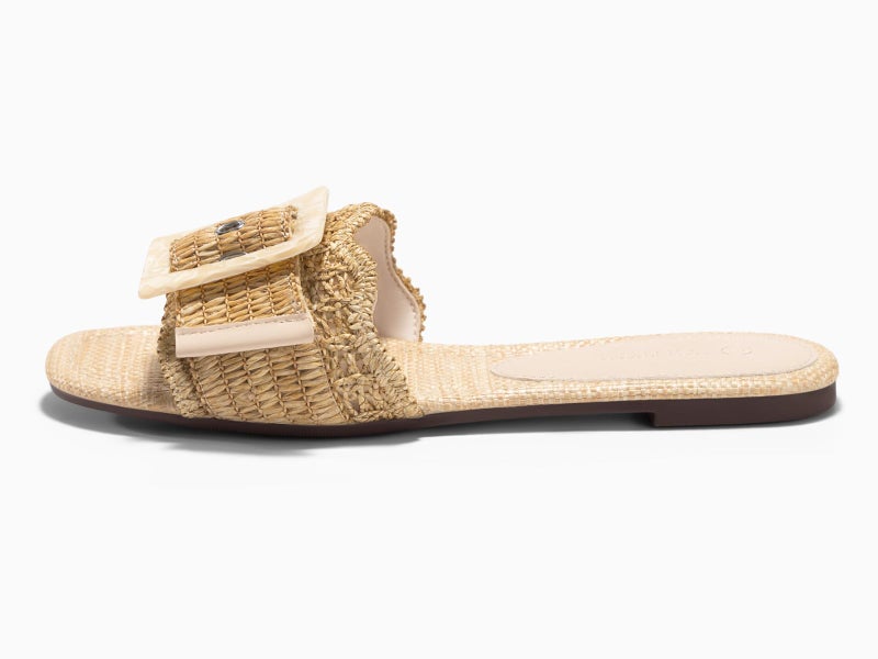 Coutgo Womens Flat Sandals Raffia Slip On Slide Sandal Square Open Toe Buckle Summer Beach Shoes Flats, Apricot, Size 9 - Image 5