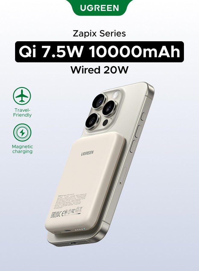 Ugreen 10000 mAh 10000 mAh 10000mAh Wireless Power Bank Magnetic MagSafe Wireless Portable Charger Fast Charging Charger PD 20W Wired Charging iPhone MagSafe Charger Battery Pack For iPhone 18 Pro, iPhone 18 Pro Max, iPhone Duo, iPhone 16 Series Apple Watch S10 Airpods4 White White - Image 1